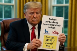 Donald Trump betrachtet ein Dekret zur Senkung von Arzneimittelpreisen mit Logos von Novo Nordisk und Eli Lilly