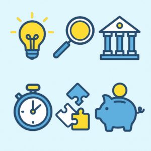 Sechs flache Vektor-Icons für die wichtigsten Schritte beim Investieren in KI-Aktien: Glühbirne, Lupe, Parlament, Stoppuhr, Puzzle und Sparschwein, in den Farben Charcoal, Skyblue, Pacific und Gelb.