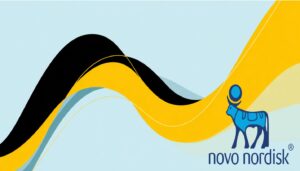 Schwarze und gelbe Trendlinie symbolisiert Kursverlauf der Novo-Nordisk-Aktie mit Wendepunkt nach oben, ergänzt durch das Unternehmenslogo.